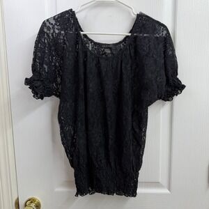 Sam & Max black lace floral smocked scoop neck sheer lightweight layer blouse XL